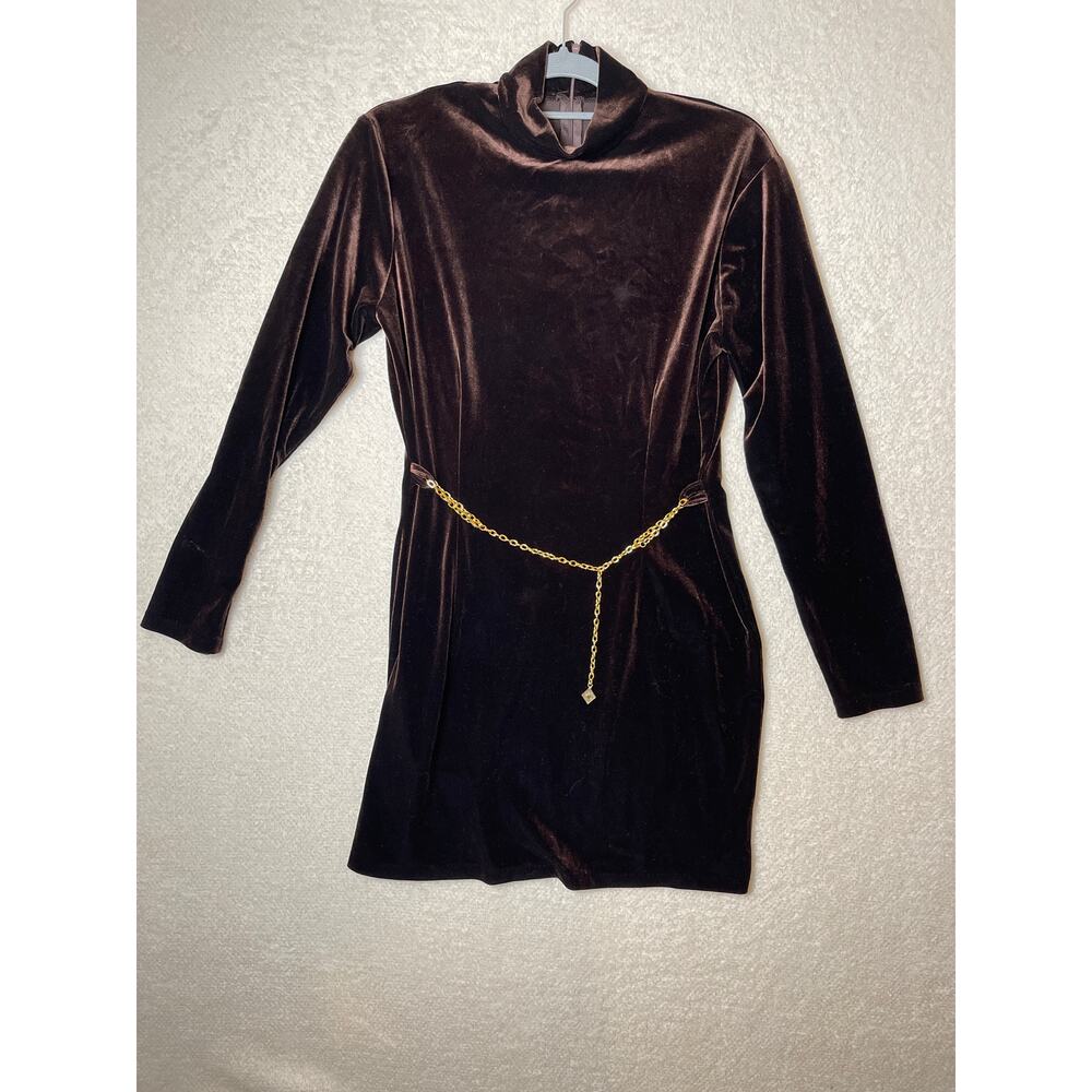 VTG Panache Women's Velvet Belted Whimsygoth Y2K Glam Chic Short Dress Brown 14